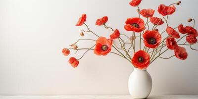 AI generated Bouquet of red poppy flowers in a white vase on a light background. Generative AI photo