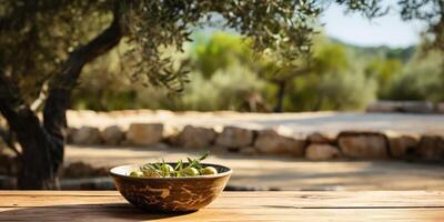 AI generated Plate with olives on a wooden table, against a background of olive trees. Generative AI photo