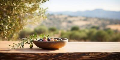 AI generated Plate with olives on a wooden table, against a background of olive trees. Generative AI photo