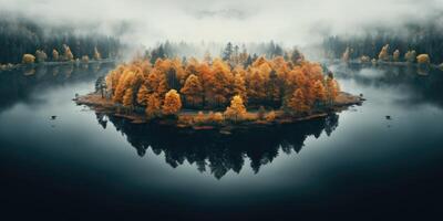 AI generated Autumn landscape. Aerial view of a foggy island. Generative AI photo