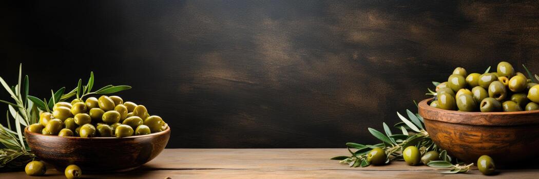AI generated Plate with green olives, black olives on a simple background, space for text. Banner. Generative AI photo