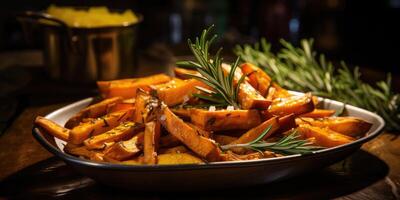 AI generated Homemade sweet potatoes with herbs and spices in a plate, Generative AI photo