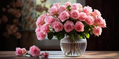 ai generado ramo de flores de rosado rosas en un vaso florero en un de madera antecedentes. generativo ai foto