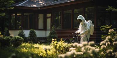 ai generado un hombre en un protector traje trata flores en el jardín con productos quimicos generativo ai foto