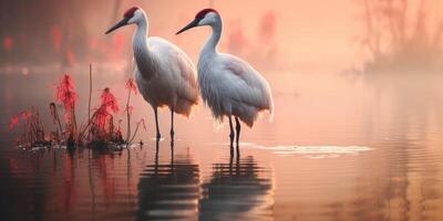 ai generado hermosa amanecer, brumoso lago. grúas o garzas tema de amor y familia en naturaleza. generativo ai foto