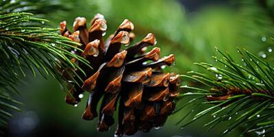 AI generated Fir or pine branch with cones close-up with raindrops. Generative AI photo