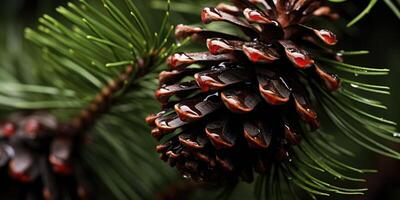 AI generated Fir or pine branch with cones close-up with raindrops. Generative AI photo