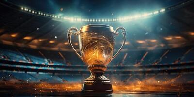 AI generated Magnificent winner cup in the stadium, theme of victory, competition. Generative AI photo