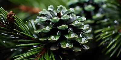 AI generated Fir or pine branch with cones close-up with raindrops. Generative AI photo