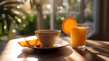 ai generado un desayuno con naranja jugo y café en un mesa en un linda café foto