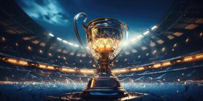 AI generated Magnificent winner cup in the stadium, theme of victory, competition. Generative AI photo