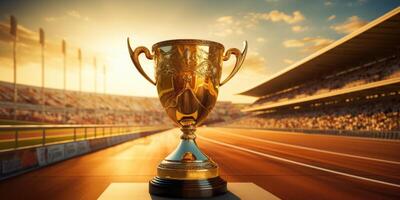 ai generado oro taza a el estadio, tema de victoria, competencia. número uno. generativo ai foto