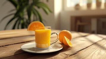 AI generated A breakfast with orange juice and coffee on a table in a cute cafe photo