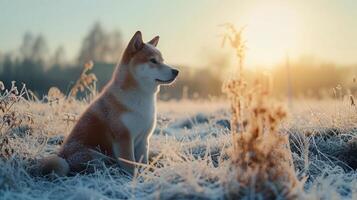 AI generated a beautiful akita inu dog on a snowy background, realistic photo