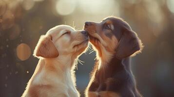 ai generado dos pequeño perros jugando juntos, realista foto