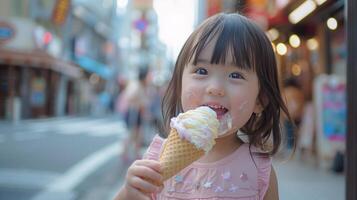 ai generado un pequeño niña es comiendo un hielo crema foto