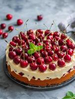 ai generado un delicioso Cereza tarta de queso postre foto