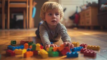 ai generado un rubio chico es jugando Lego en el vivo habitación foto