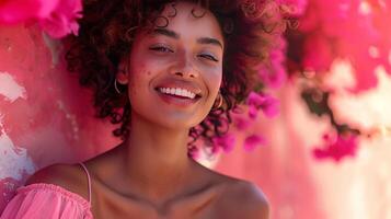 ai generado un hermosa mujer, sonriente y baile, vestido en rosado foto