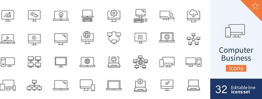 Set of 32 Computer Business web icons in line style. Computer, phone, technology, monitor, network. Vector illustration.