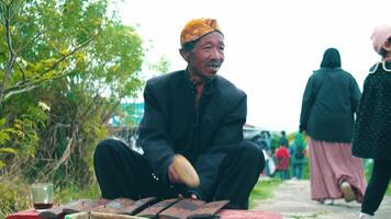 Blurred background of tourists at a historic temple site with vibrant green grass in the foreground. video