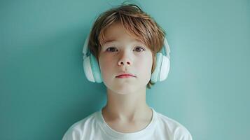 AI generated A boy listens to music in headphones photo