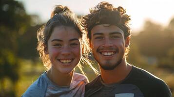 ai generado un Pareja de joven en un Mañana correr foto