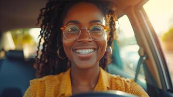 AI generated A Smiling American African woman driving car photo