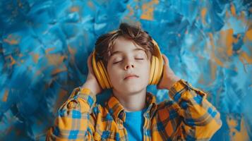 AI generated A boy listens to music in headphones photo