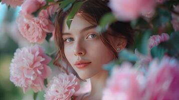 AI generated A beautiful girl with spring flowers in her hair photo