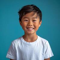 AI generated Young asian boy 10 years old, wearing white t-shirt, portrait photo