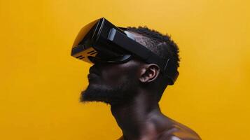 ai generado afro americano hombre con vr anteojos, virtual realidad lentes foto