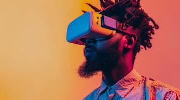 AI generated Afro american man with VR glasses, virtual reality glasses photo