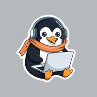 Sticker Cartoon of Exited online shopper penguin. vector