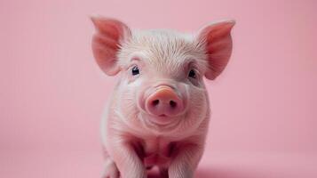 ai generado un linda cerdito retrato en un pastel rosado antecedentes foto