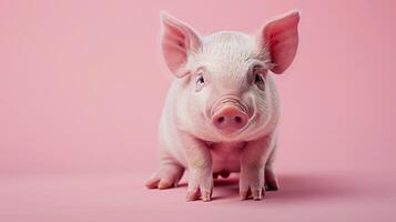 ai generado un linda cerdito retrato en un pastel rosado antecedentes foto