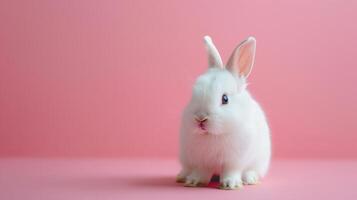 ai generado blanco conejito en un pastel rosado antecedentes foto