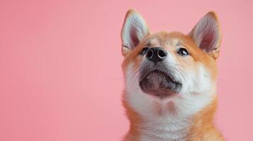 ai generado akita inu perro en un pastel rosado antecedentes foto