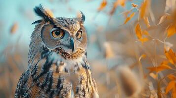 ai generado un búho en un pastel azul antecedentes foto