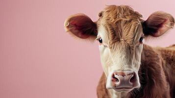 ai generado un vaca en un pastel rosado antecedentes foto