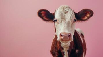 AI generated A cow on a pastel pink background photo