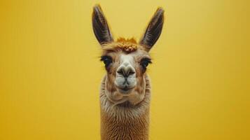 ai generado un linda llama en un pastel amarillo antecedentes foto