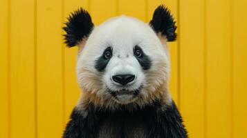 ai generado un panda en un pastel amarillo antecedentes foto