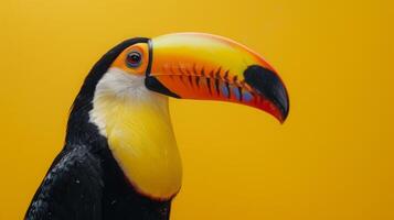 ai generado un linda tucán en un pastel amarillo antecedentes foto