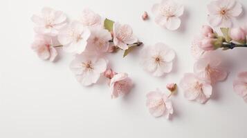AI generated Background top view with cherry spring flowers photo