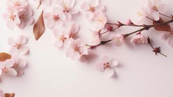 AI generated Background top view with cherry spring flowers photo