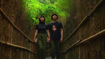 Happy couple walking hand in hand through a lush green tunnel of foliage. video