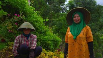 zwei Frauen im traditionell Kleidung lächelnd im ein üppig Garten Einstellung. video