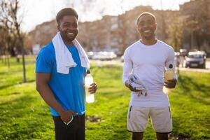 Two friends are ready for jogging in the city. photo