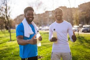 Two friends are ready for jogging in the city. photo